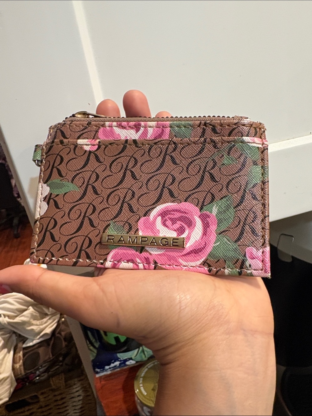 Rampage Brown Monogram Floral Card Wallet with Pink Roses